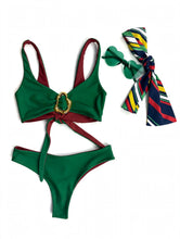 Load image into Gallery viewer, Emerald green reversible bikini set with gold buckle top
